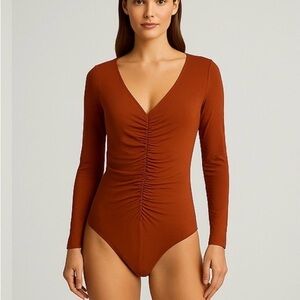 Abercrombie & Fitch Deep V-Neck Bodysuit in Rust